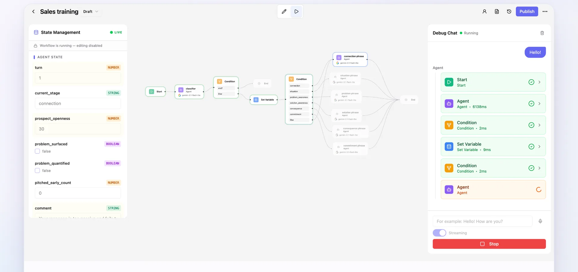 The Assemblix debug panel running an agent live, with the state inspector on the left and a step-by-step trace on the right